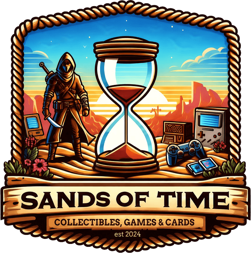 Sands of Time badge: a hooded warrior beside a giant hourglass in a desert at sunset, with retro game consoles and trading cards in the sand. Collectibles, Games & Cards, est. 2024.